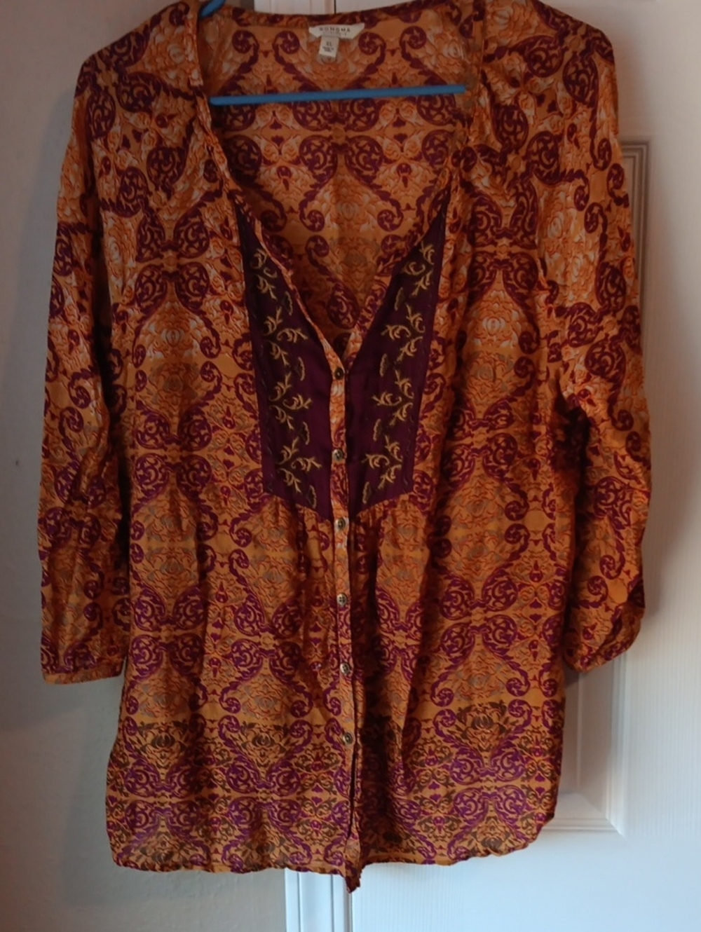 Gold & Burgundy Patterned Light Weight Button-Front Tunic 3/4 Sleeve